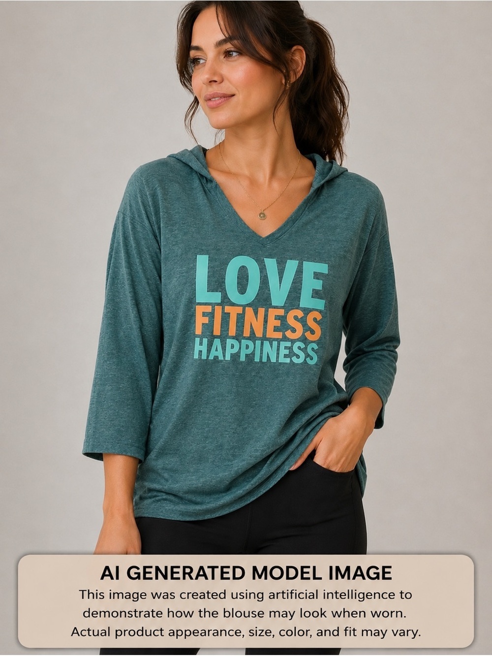 Crunch Hooded Long Sleeve T-Shirt Love Finess Happiness V-Neck 3/4 Sleeve Size L